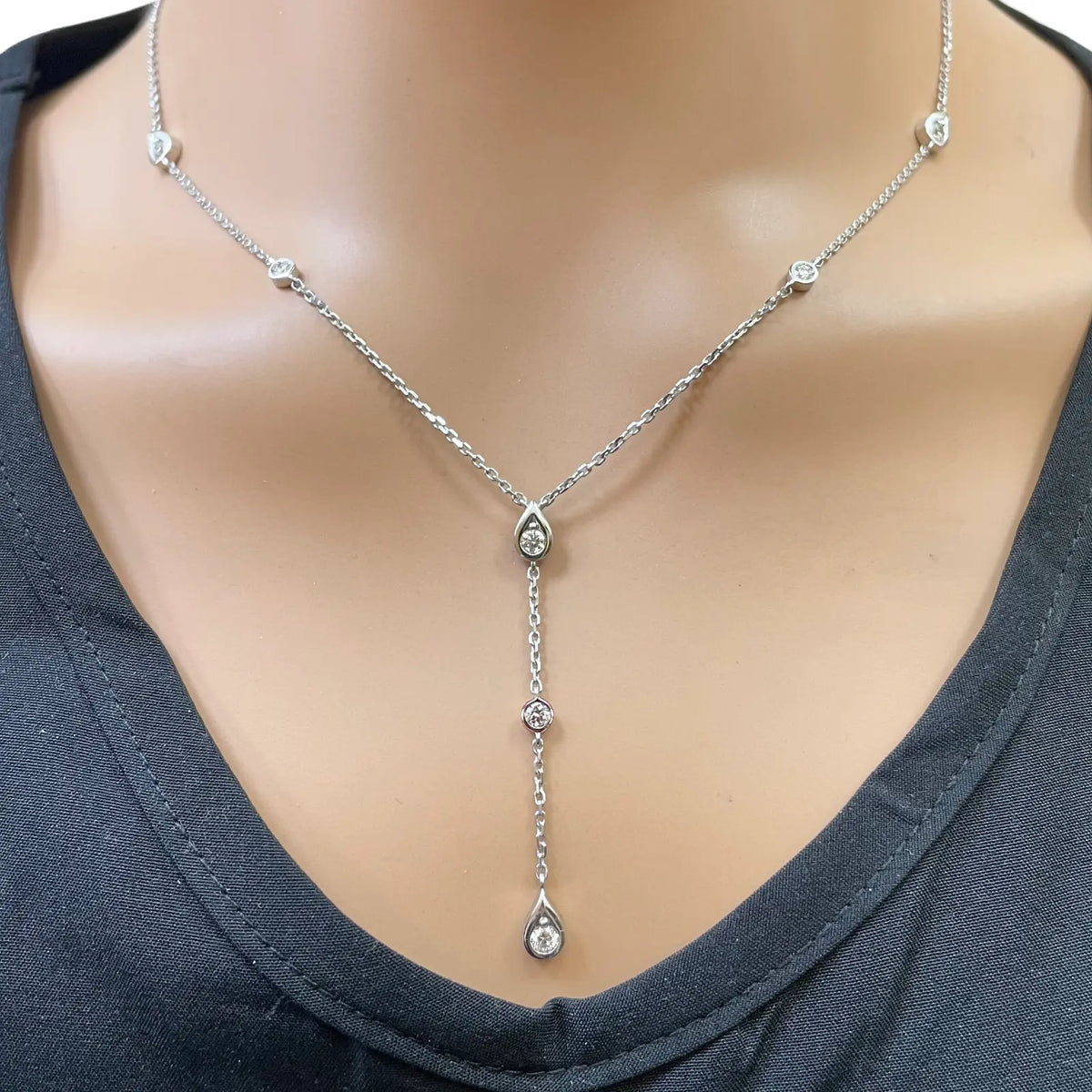 18ct White Gold Natural Diamond Bezel Lariat Y Drop Necklace 0.50ct  Diamond Necklace