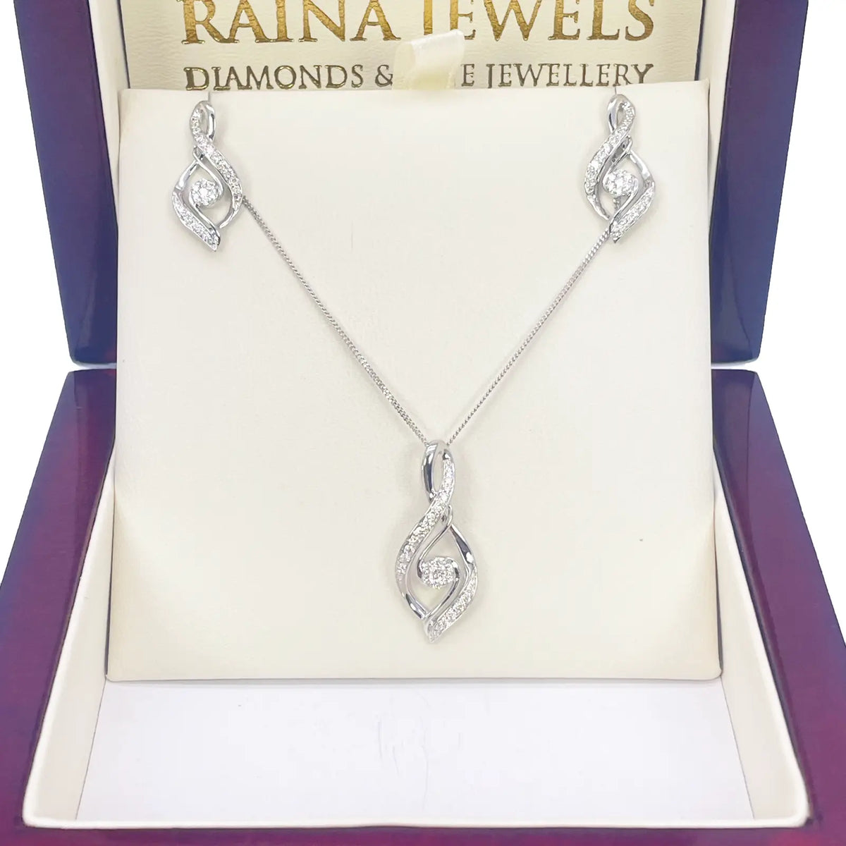 18ct White Gold Natural Diamond Twisted Pendant Chain & Earrings Set 0.55ct 