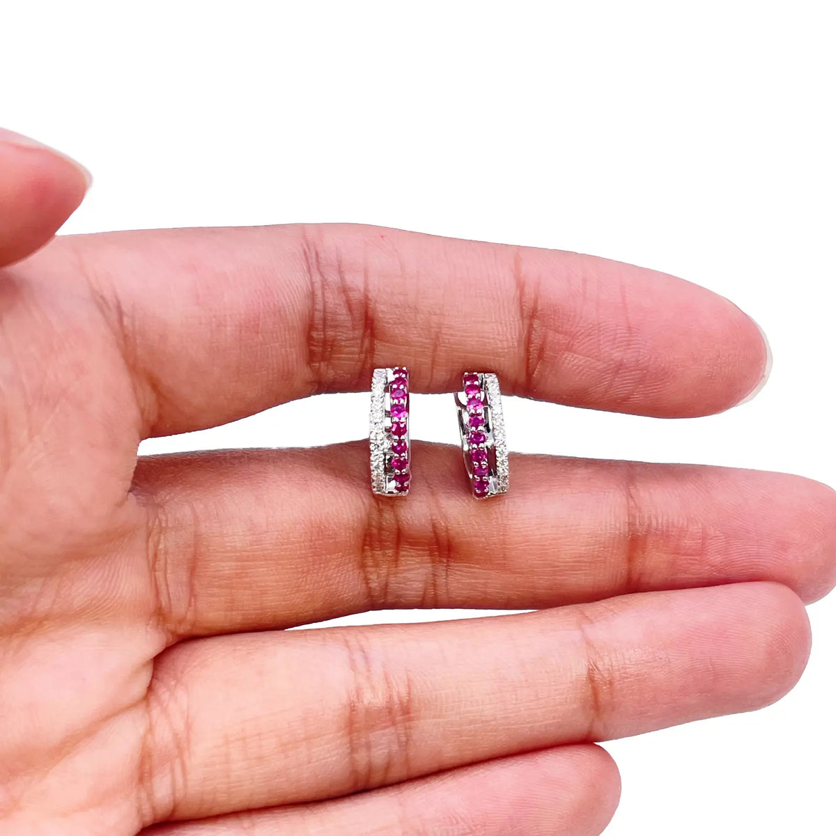 18ct White Gold Natural Diamond & Ruby 0.36ct Hoop Huggies Earrings 9mm Diameter 