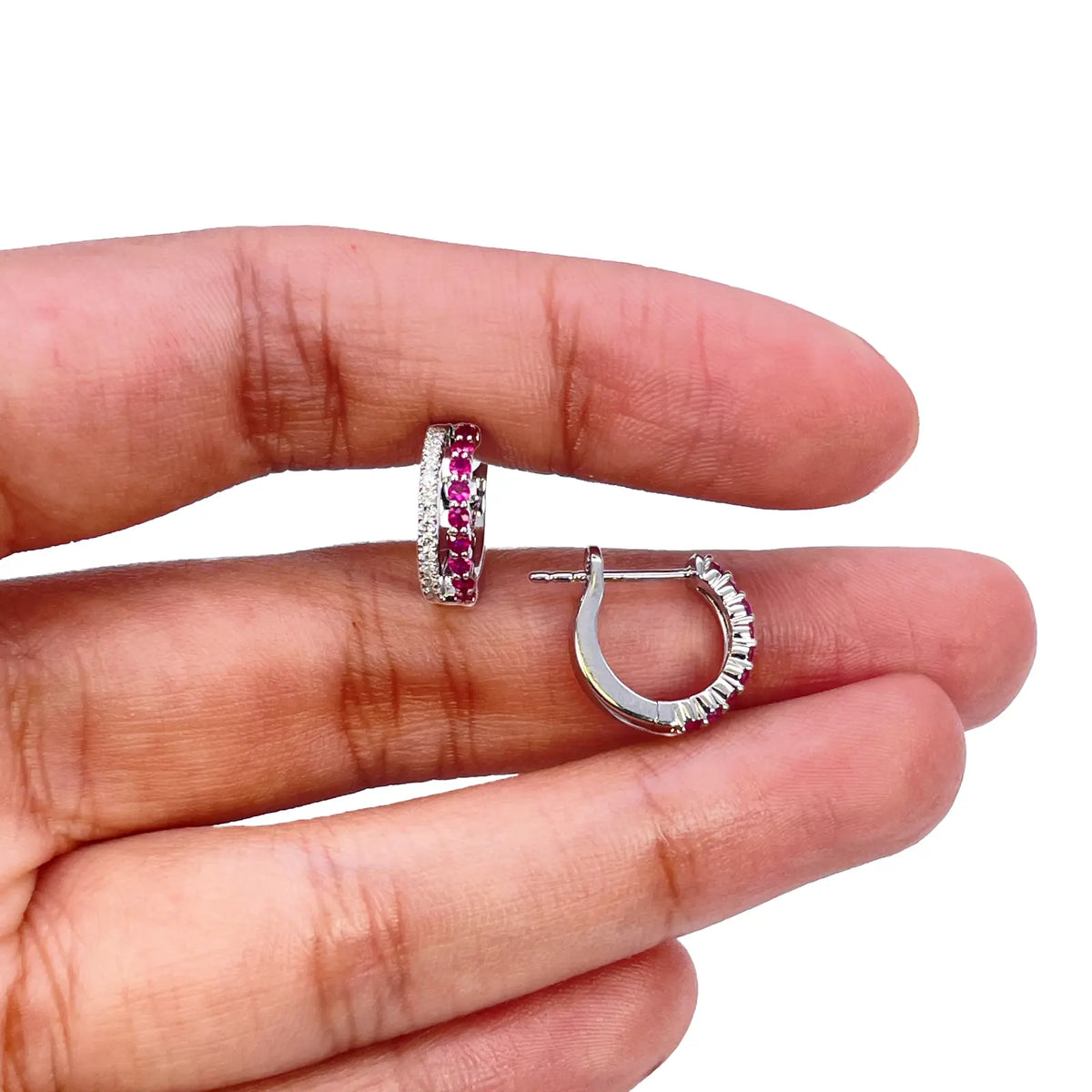 18ct White Gold Natural Diamond & Ruby 0.36ct Hoop Huggies Earrings 9mm Diameter 
