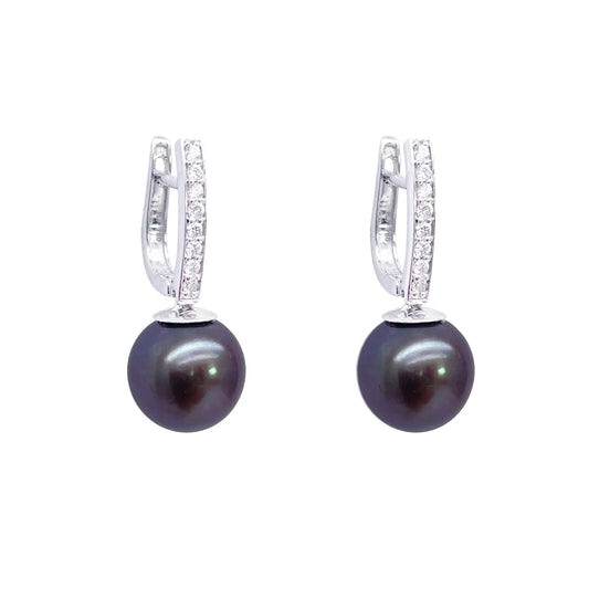 18ct White Gold Natural Diamonds & Freshwater Black Pearl Hoop Earrings 0.10ct  Gold earring