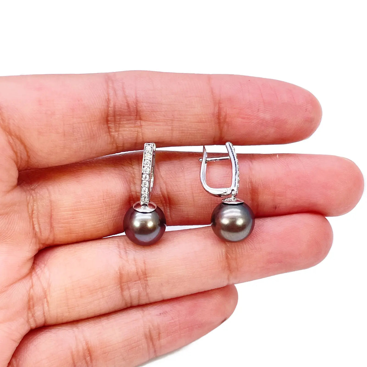 18ct White Gold Natural Diamonds & Freshwater Black Pearl Hoop Earrings 0.10ct  Gold earring