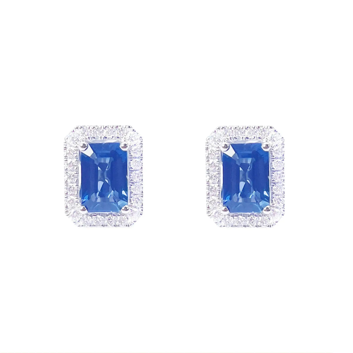 18ct White Gold Natural Emerald Cut Sapphire Round Diamond Stud Earrings 1.60ct 