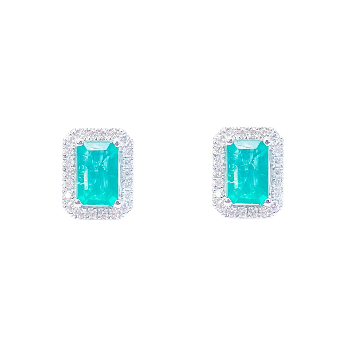 18ct White Gold Natural Emerald Diamond Round & Emerald Cut Stud Earrings 1.60ct 