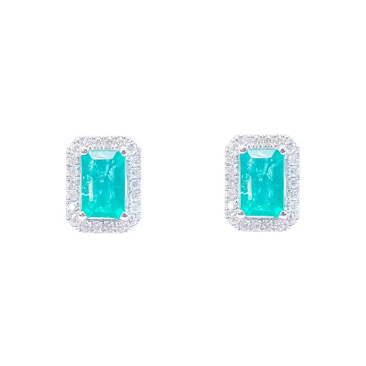 18ct White Gold Natural Emerald Diamond Round & Emerald Cut Stud Earrings 1.60ct 