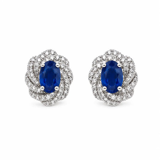 18ct White Gold Natural Oval Blue Sapphire & Diamond Cluster Earrings 0.33ct  Diamond earring