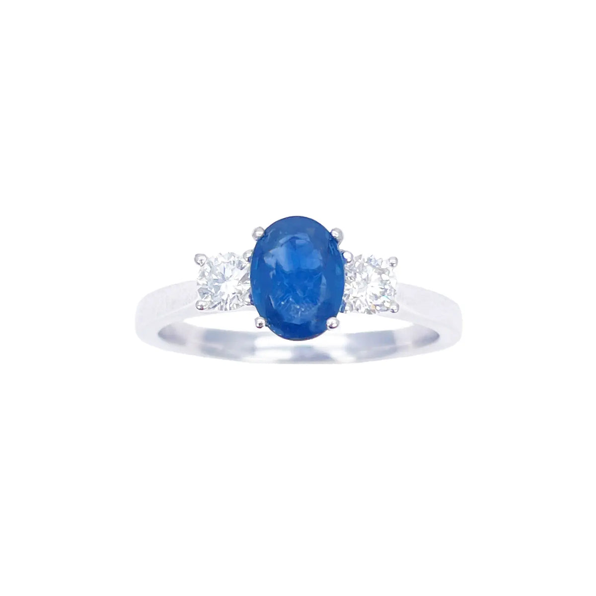 18ct White Gold Natural Oval Blue Sapphire & Round Diamond Trilogy Ring 1.00ct  Diamond Ring