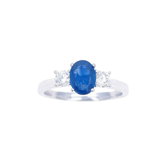 18ct White Gold Natural Oval Blue Sapphire & Round Diamond Trilogy Ring 1.00ct  Diamond Ring