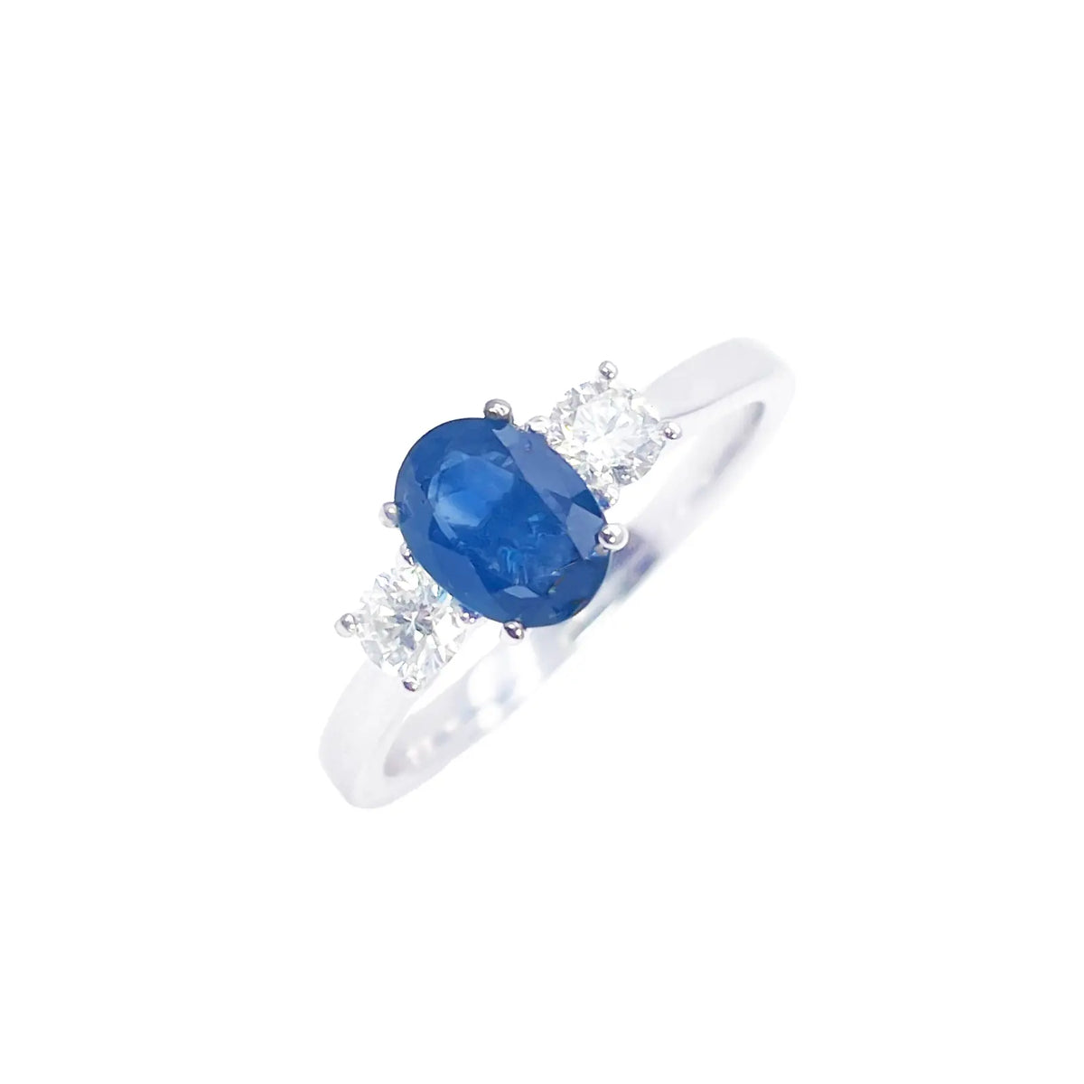 18ct White Gold Natural Oval Blue Sapphire & Round Diamond Trilogy Ring 1.00ct  Diamond Ring