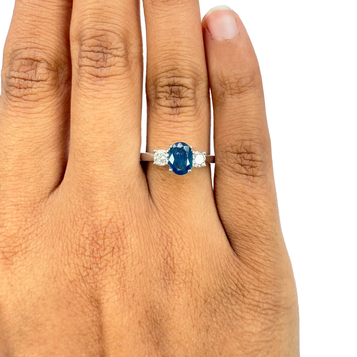18ct White Gold Natural Oval Blue Sapphire & Round Diamond Trilogy Ring 1.00ct  Diamond Ring
