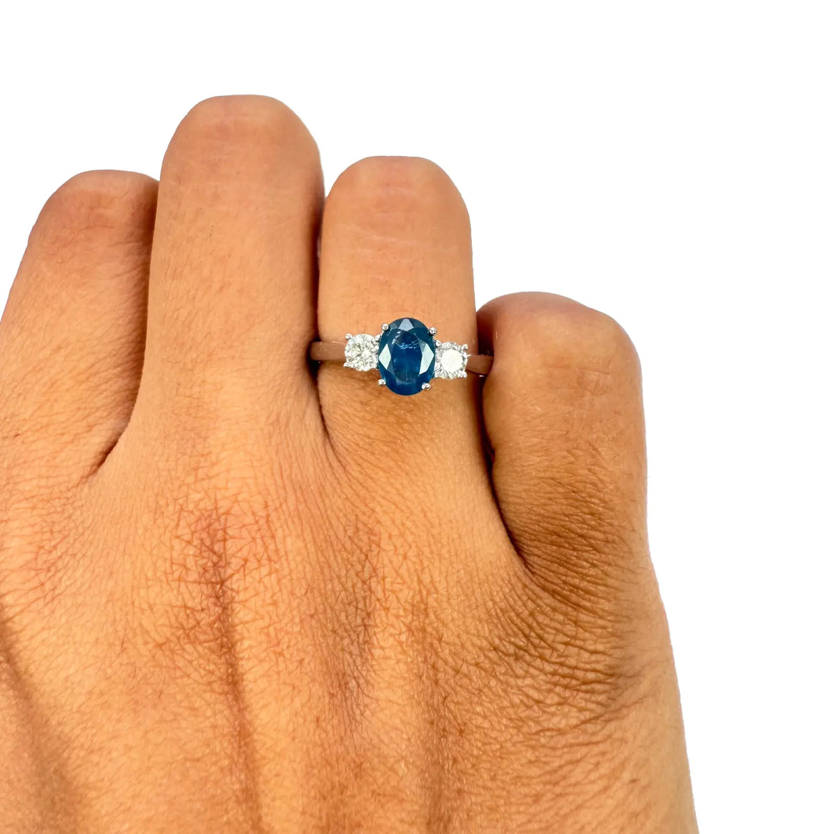 18ct White Gold Natural Oval Blue Sapphire & Round Diamond Trilogy Ring 1.00ct  Diamond Ring