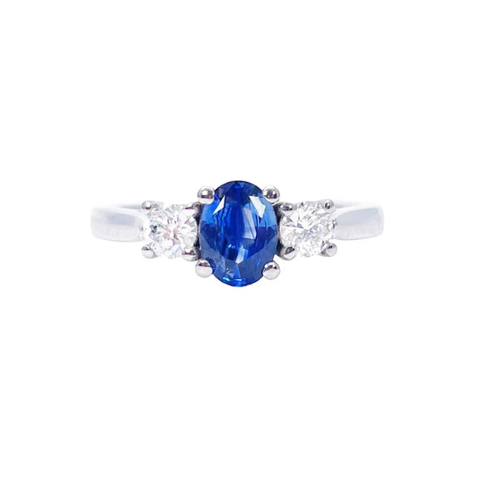 18ct White Gold Natural Oval Blue Sapphire & Round Diamond Trilogy Ring  Diamond Ring