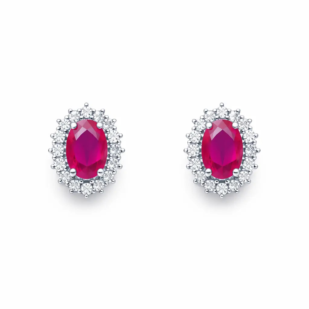 18ct White Gold Natural Red Ruby & Diamond Oval Cluster Earrings 1.13ct  Diamond earring