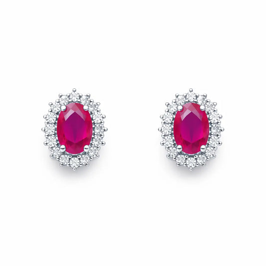 18ct White Gold Natural Red Ruby & Diamond Oval Cluster Earrings 1.13ct  Diamond earring