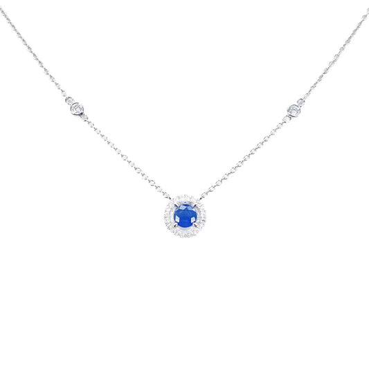 18ct White Gold Natural Round Diamond & Sapphire Halo Necklace 0.45ct 