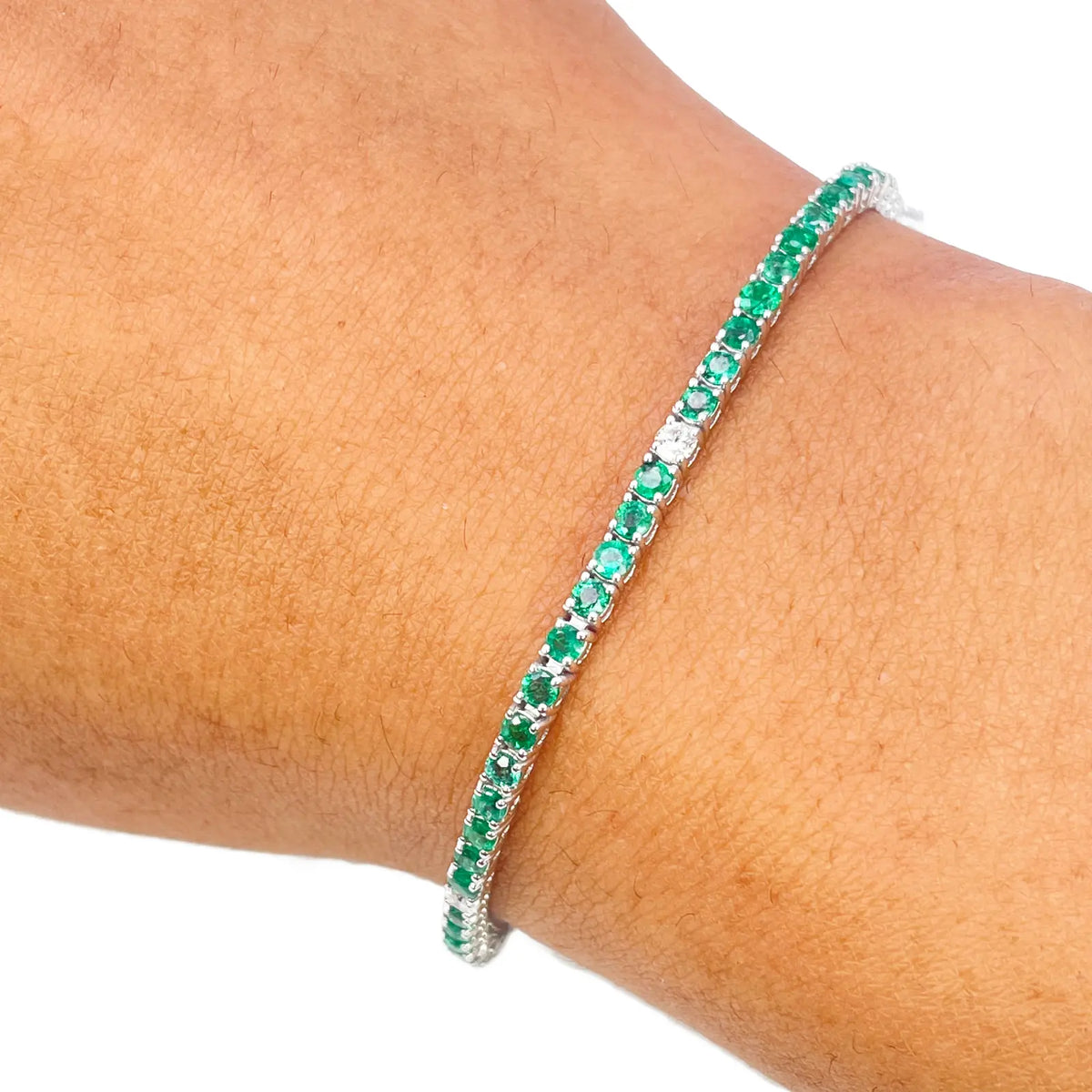 18ct White Gold Natural Round Emerald & Diamond Tennis Bracelet 3.00ct 7 Inches  Diamond Bracelets