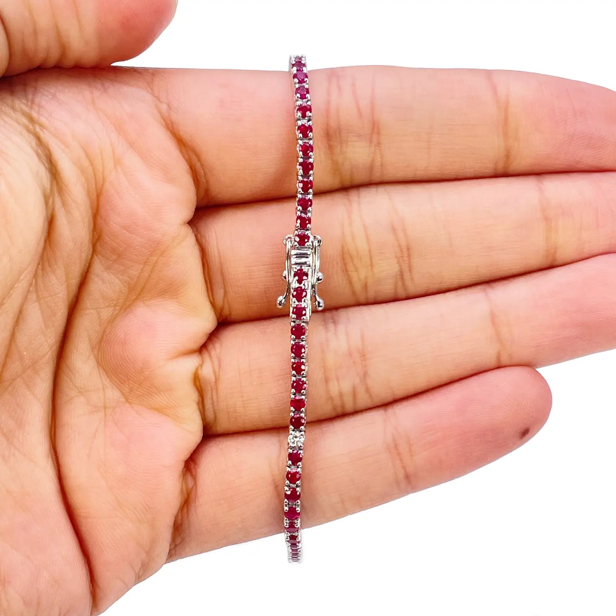 18ct White Gold Natural Round Ruby & Diamond Tennis Bracelet 2.94ct 7 Inches  Diamond Bracelets