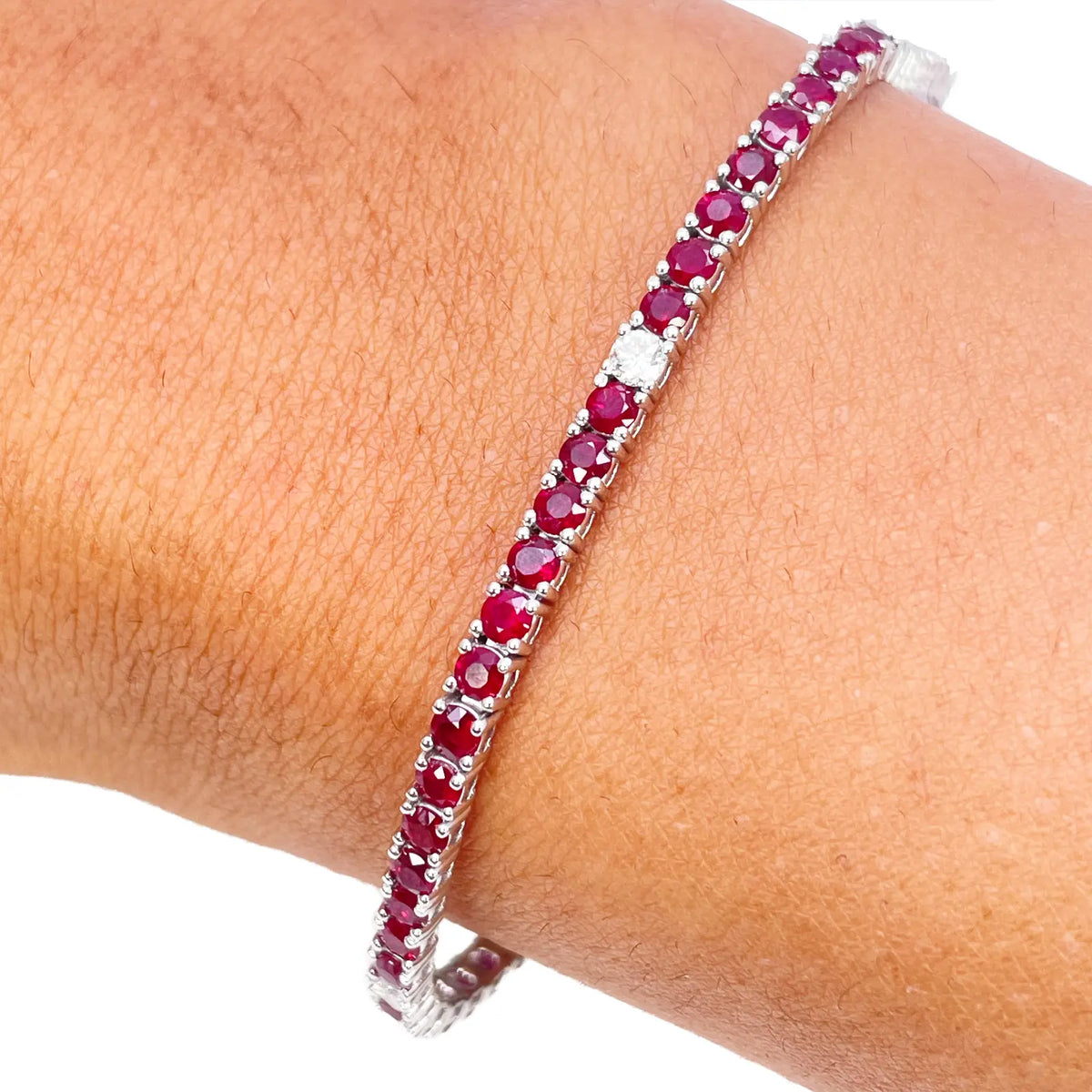 18ct White Gold Natural Round Ruby & Diamond Tennis Bracelet 4.90ct 7 Inches  Diamond Bracelets