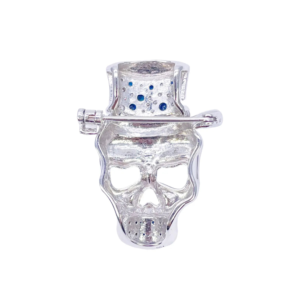 18ct White Gold Natural Round Sapphire & Diamond Skull Brooch Pin 1.45ct  Diamond Ring