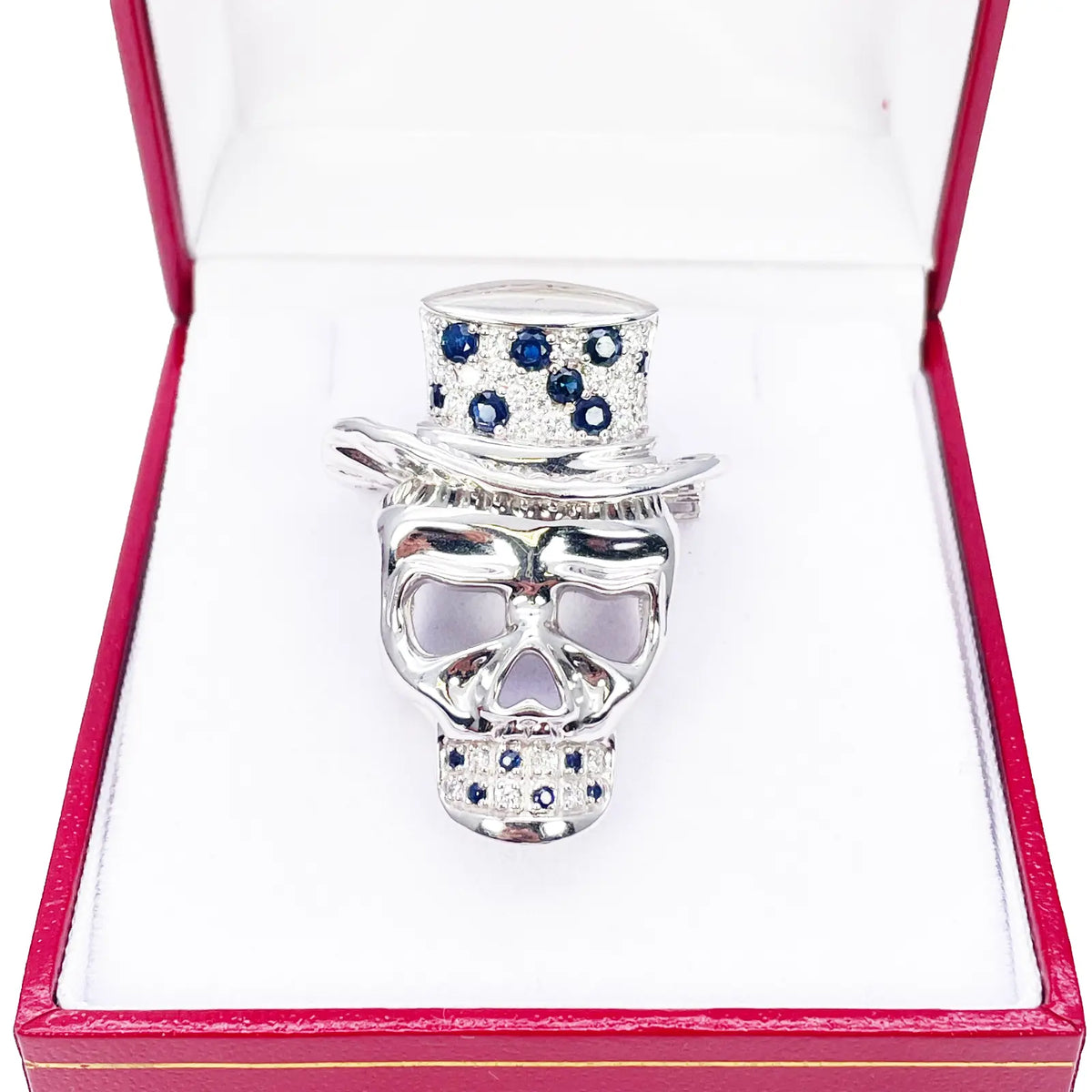 18ct White Gold Natural Round Sapphire & Diamond Skull Brooch Pin 1.45ct  Diamond Ring