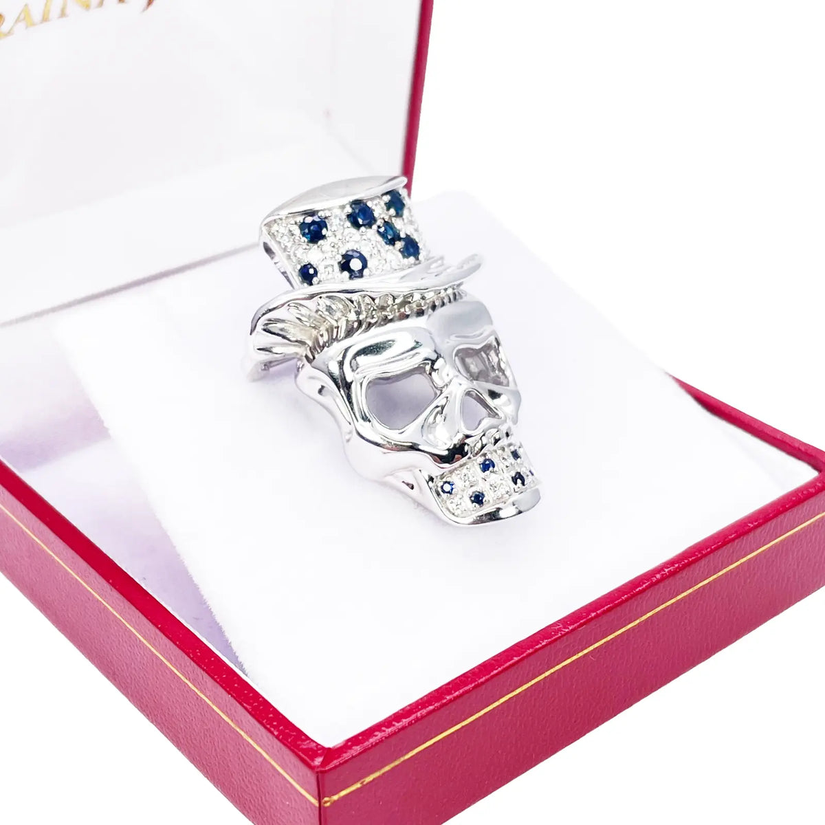 18ct White Gold Natural Round Sapphire & Diamond Skull Brooch Pin 1.45ct  Diamond Ring