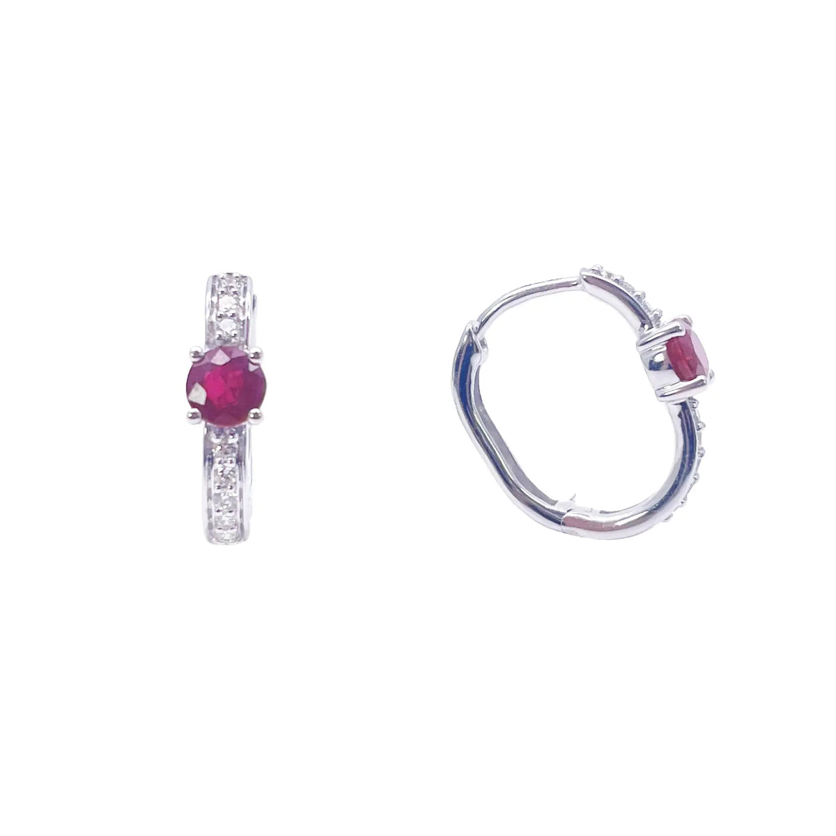 18ct White Gold Natural Ruby Prong & Diamond Huggie Hoop Earrings 0.92ct  Diamond earring