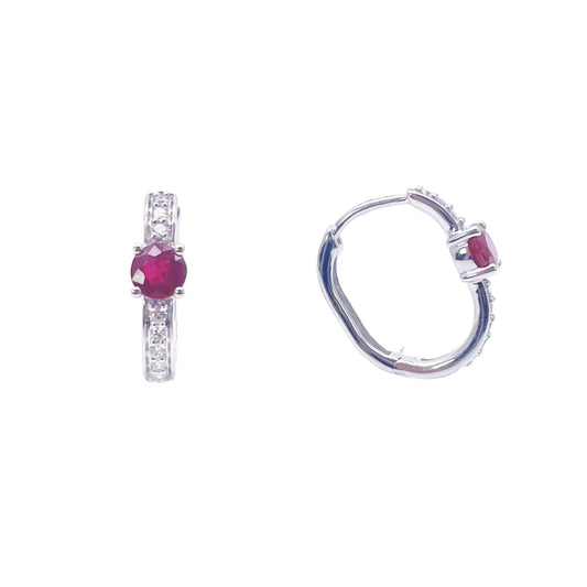18ct White Gold Natural Ruby Prong & Diamond Huggie Hoop Earrings 0.92ct  Diamond earring