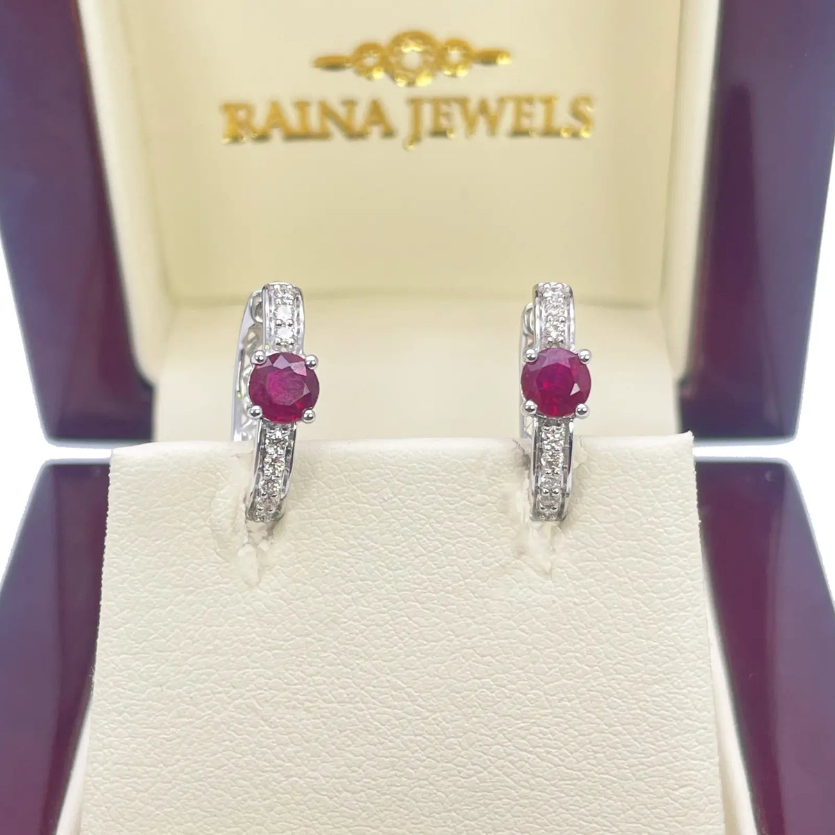 18ct White Gold Natural Ruby Prong & Diamond Huggie Hoop Earrings 0.92ct  Diamond earring