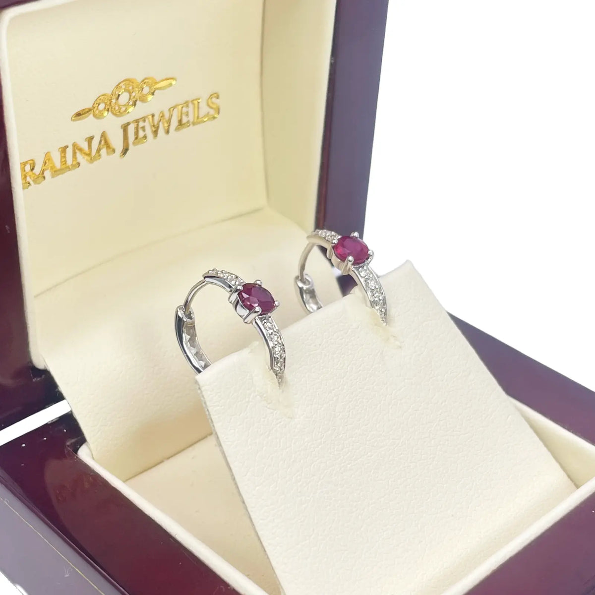 18ct White Gold Natural Ruby Prong & Diamond Huggie Hoop Earrings 0.92ct  Diamond earring
