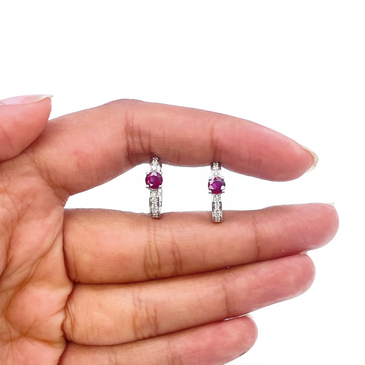 18ct White Gold Natural Ruby Prong & Diamond Huggie Hoop Earrings 0.92ct  Diamond earring