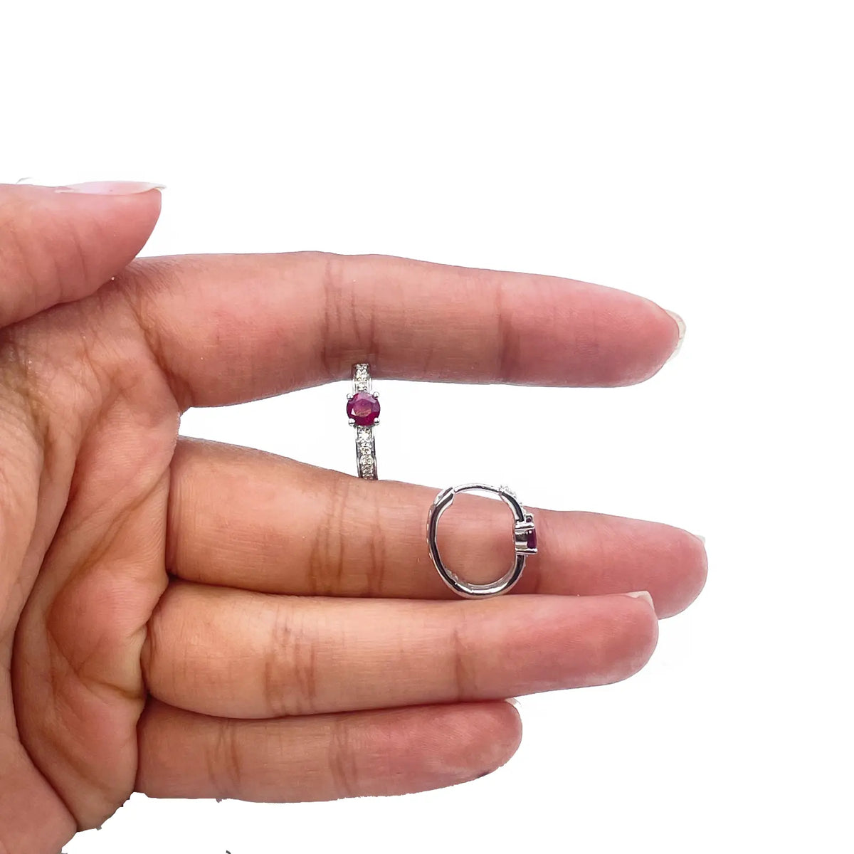18ct White Gold Natural Ruby Prong & Diamond Huggie Hoop Earrings 0.92ct  Diamond earring