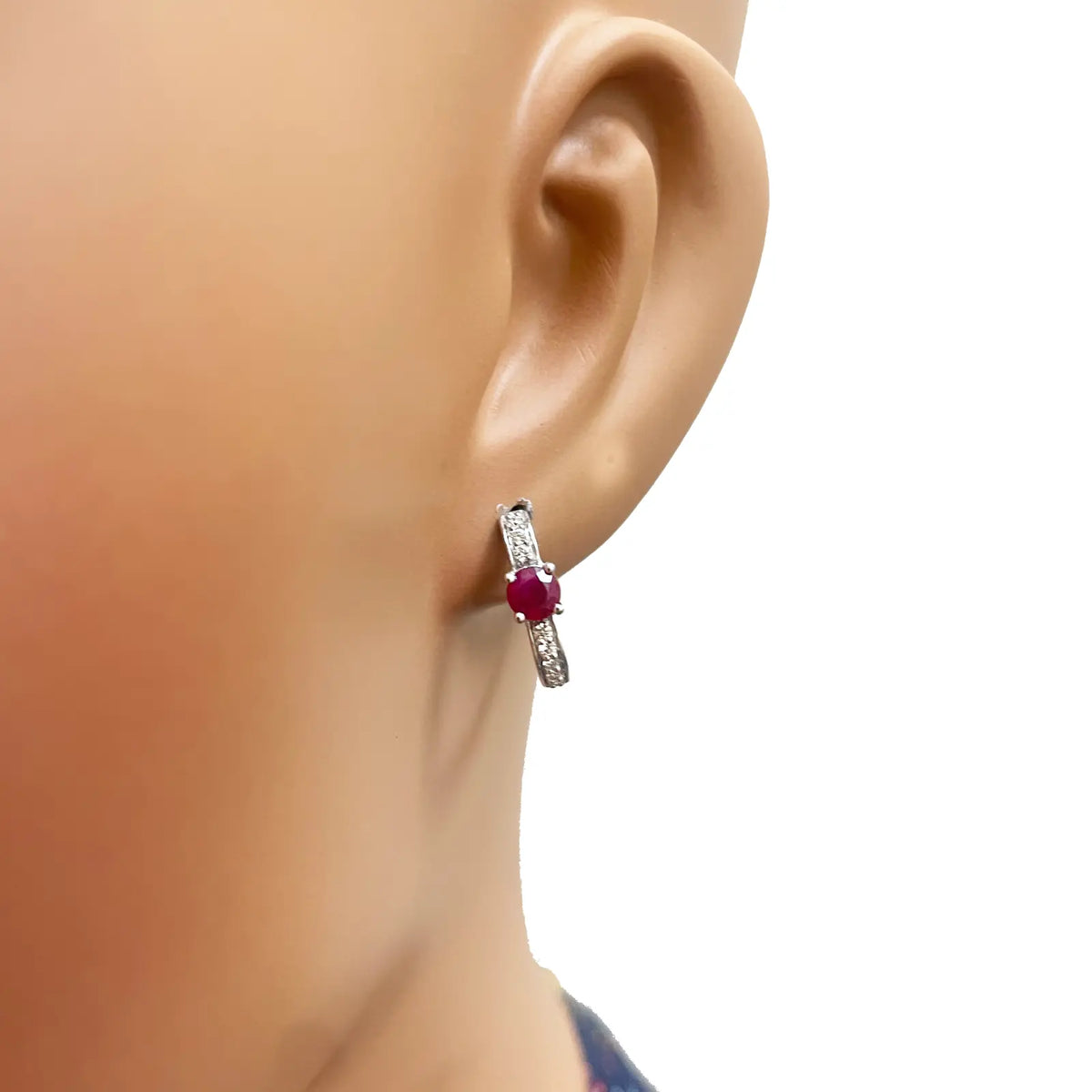 18ct White Gold Natural Ruby Prong & Diamond Huggie Hoop Earrings 0.92ct  Diamond earring
