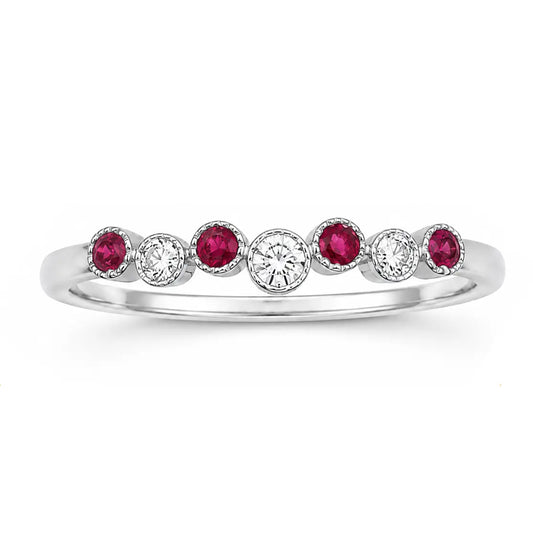 18ct White Gold Natural Ruby & Diamond Milgrain Bezel Ring ? 0.15ct  Diamond Ring