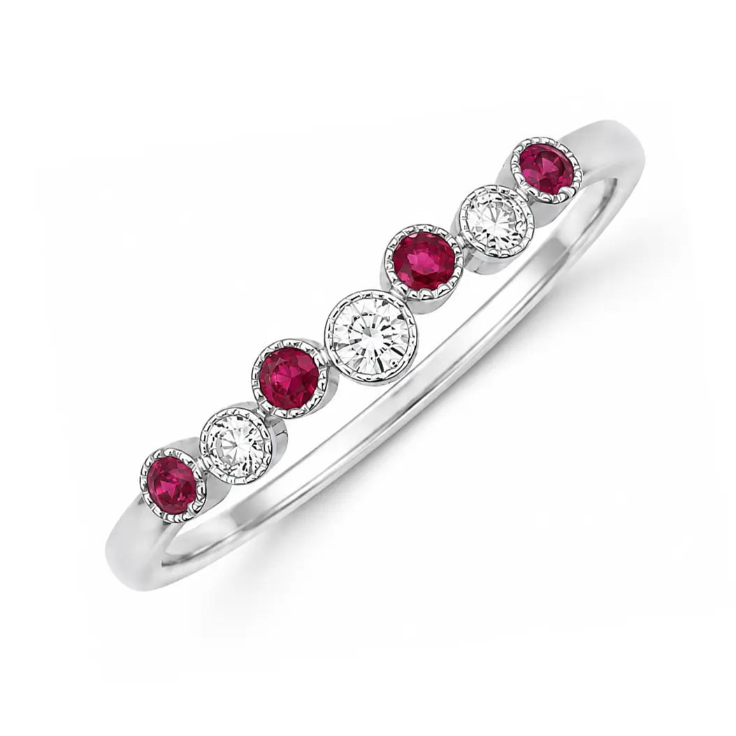 18ct White Gold Natural Ruby & Diamond Milgrain Bezel Ring ? 0.15ct  Diamond Ring