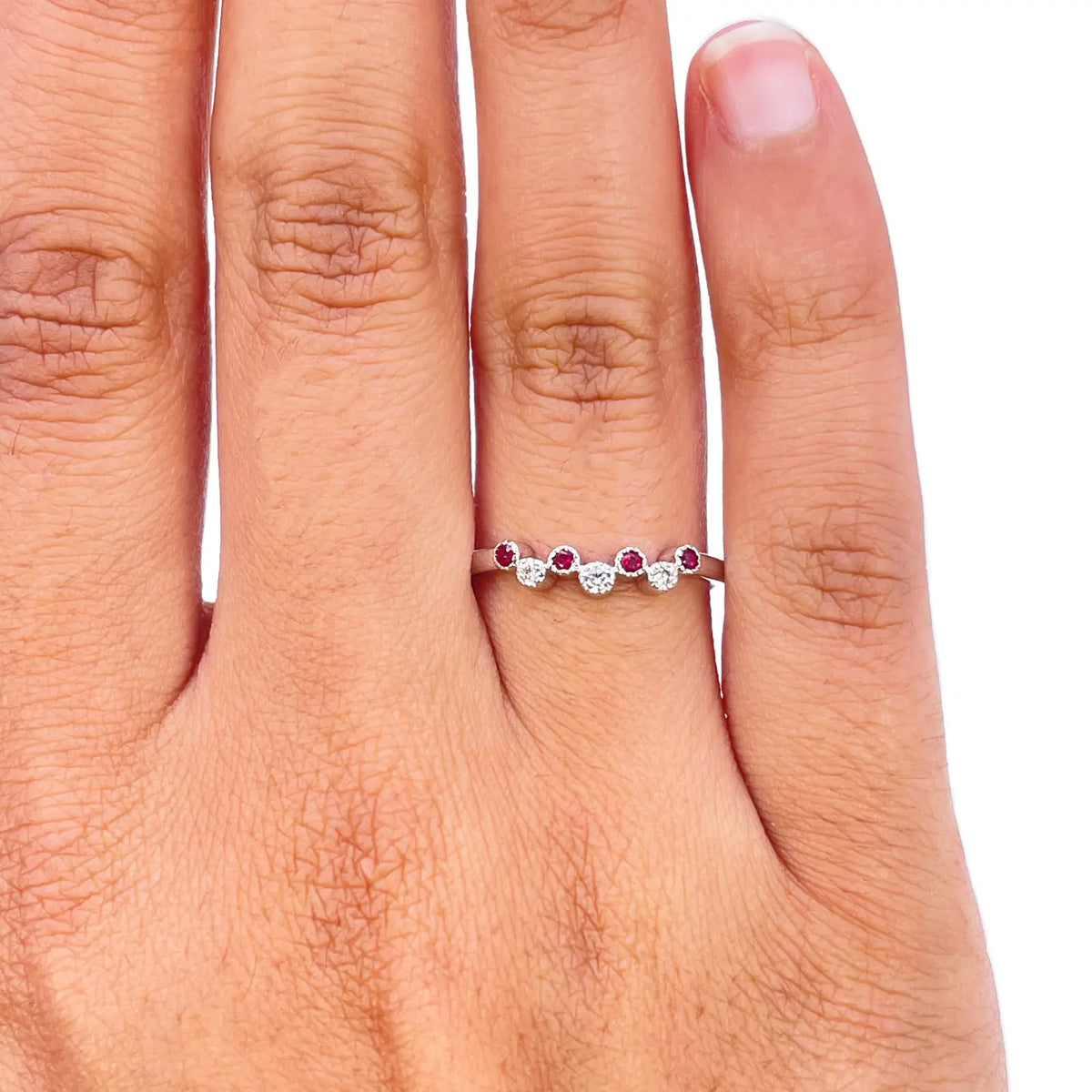 18ct White Gold Natural Ruby & Diamond Milgrain Bezel Ring ? 0.15ct  Diamond Ring