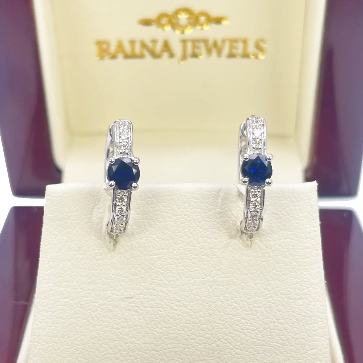 18ct White Gold Natural Sapphire Prong & Diamond Huggie Hoop Earrings 0.64ct  Diamond earring