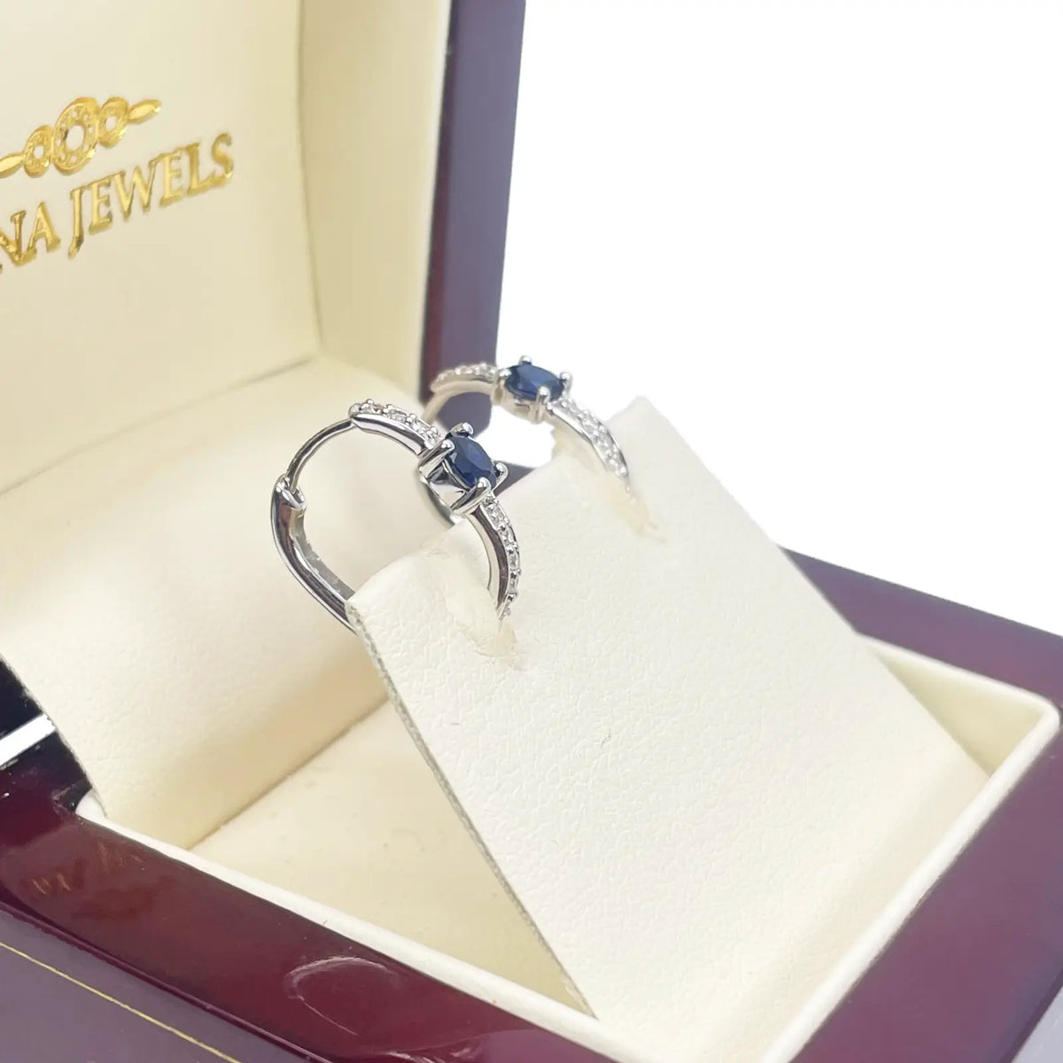 18ct White Gold Natural Sapphire Prong & Diamond Huggie Hoop Earrings 0.64ct  Diamond earring