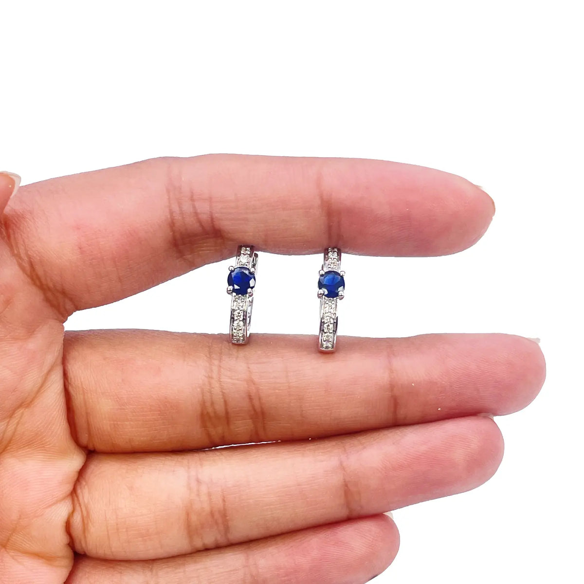 18ct White Gold Natural Sapphire Prong & Diamond Huggie Hoop Earrings 0.64ct  Diamond earring