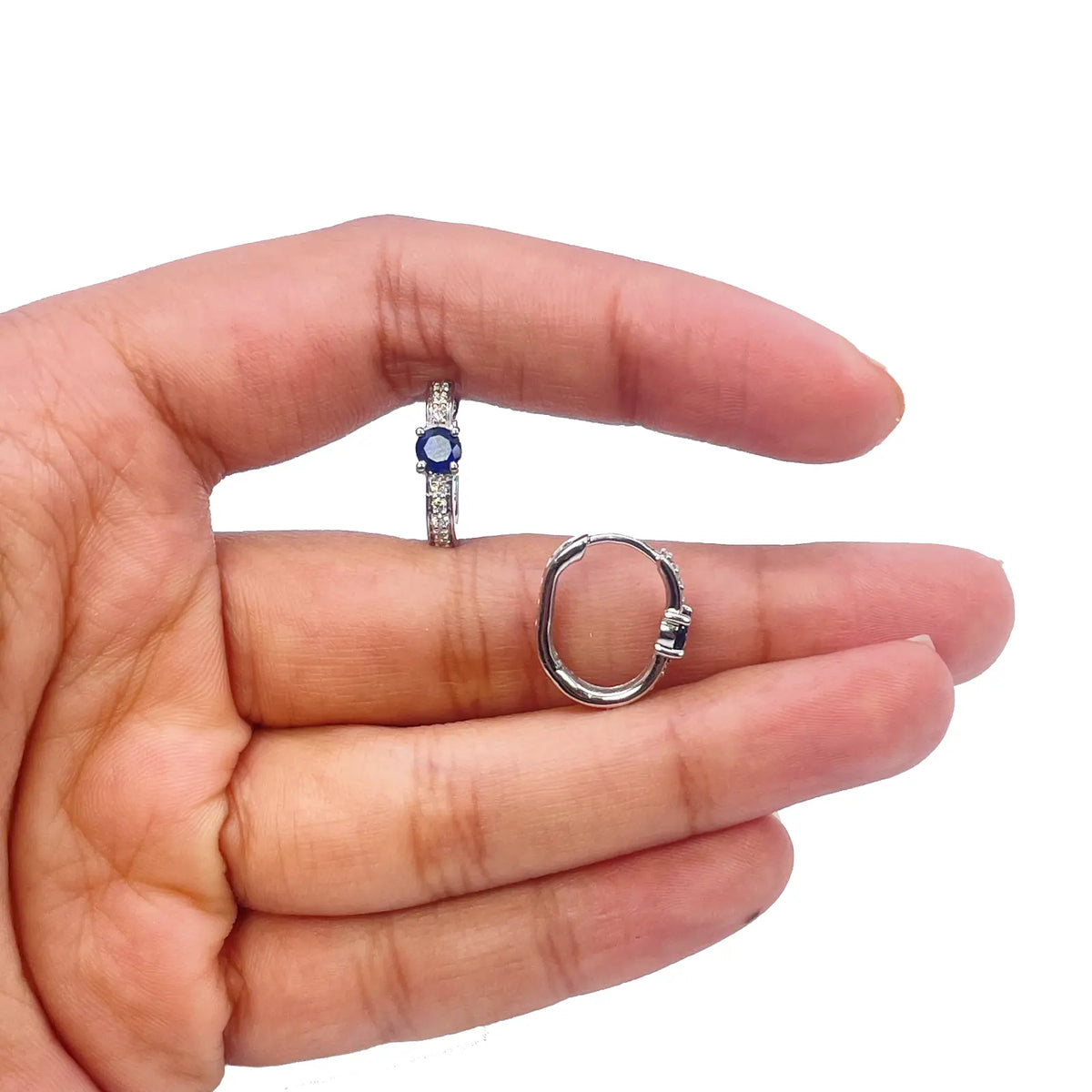 18ct White Gold Natural Sapphire Prong & Diamond Huggie Hoop Earrings 0.64ct  Diamond earring