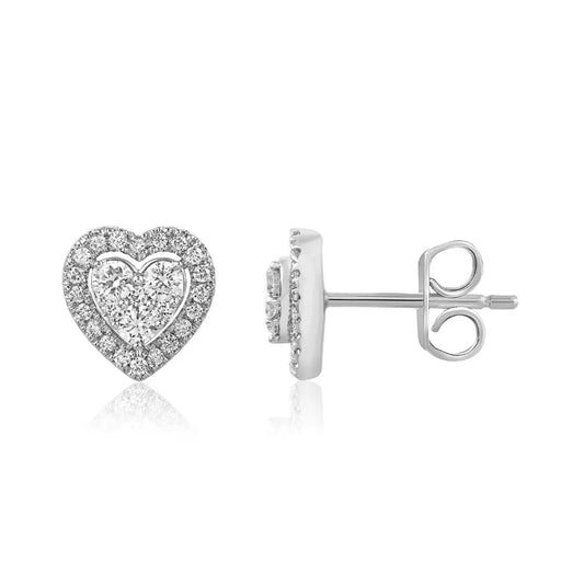 18ct White Gold Round Diamond Heart Cluster Stud Earrings 0.40ct 