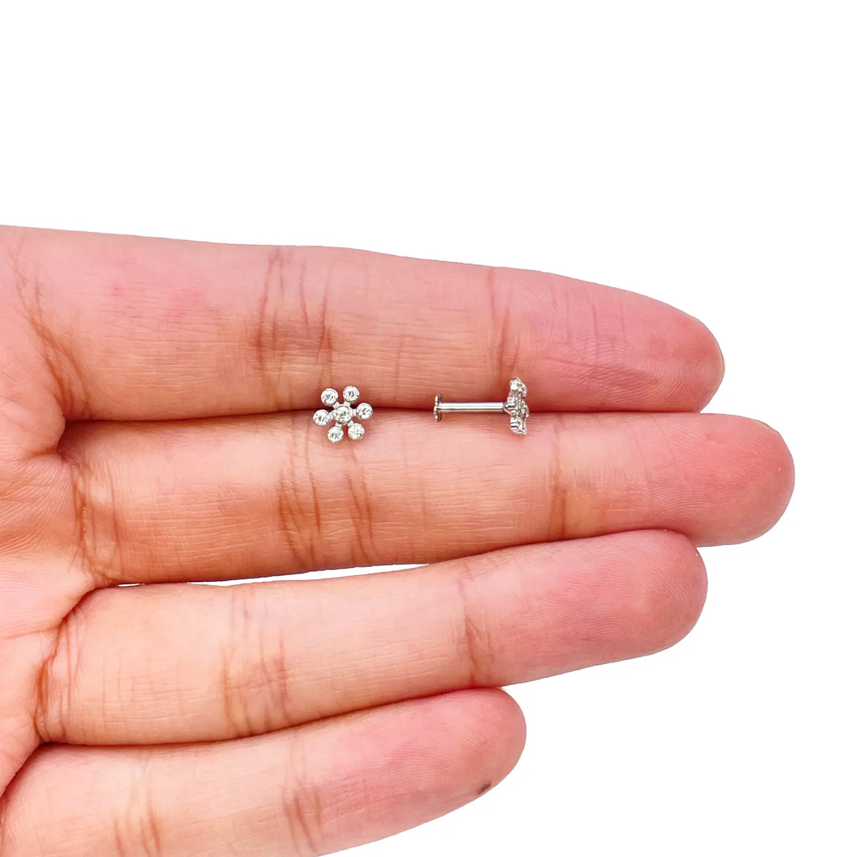 18ct White Gold Six Petal Flower Cubic Zirconia Bezel Children's Earrings 5.4mm Width 