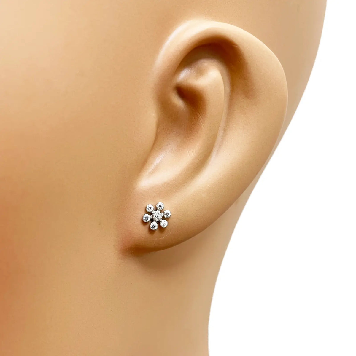 18ct White Gold Six Petal Flower Cubic Zirconia Bezel Children's Earrings 5.4mm Width 