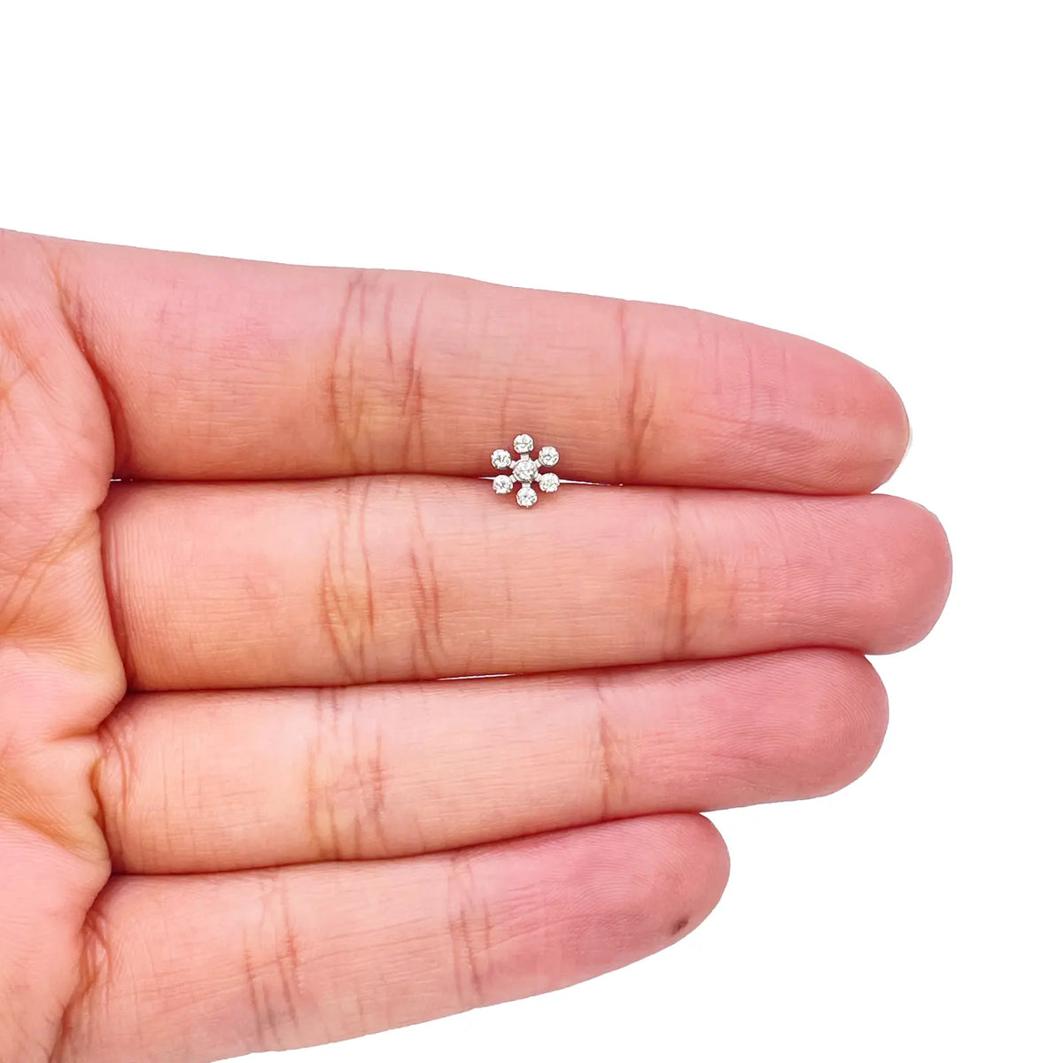 18ct White Gold Six Petal Flower Cubic Zirconia Bezel Nose Stud/Pin 5.4mm Length 