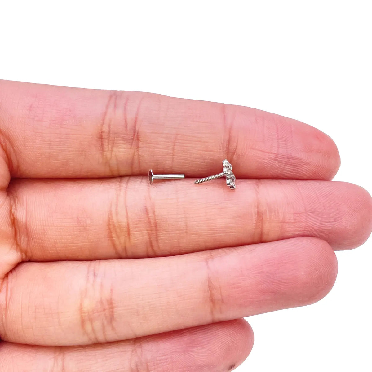 18ct White Gold Six Petal Flower Cubic Zirconia Bezel Nose Stud/Pin 5.4mm Length 