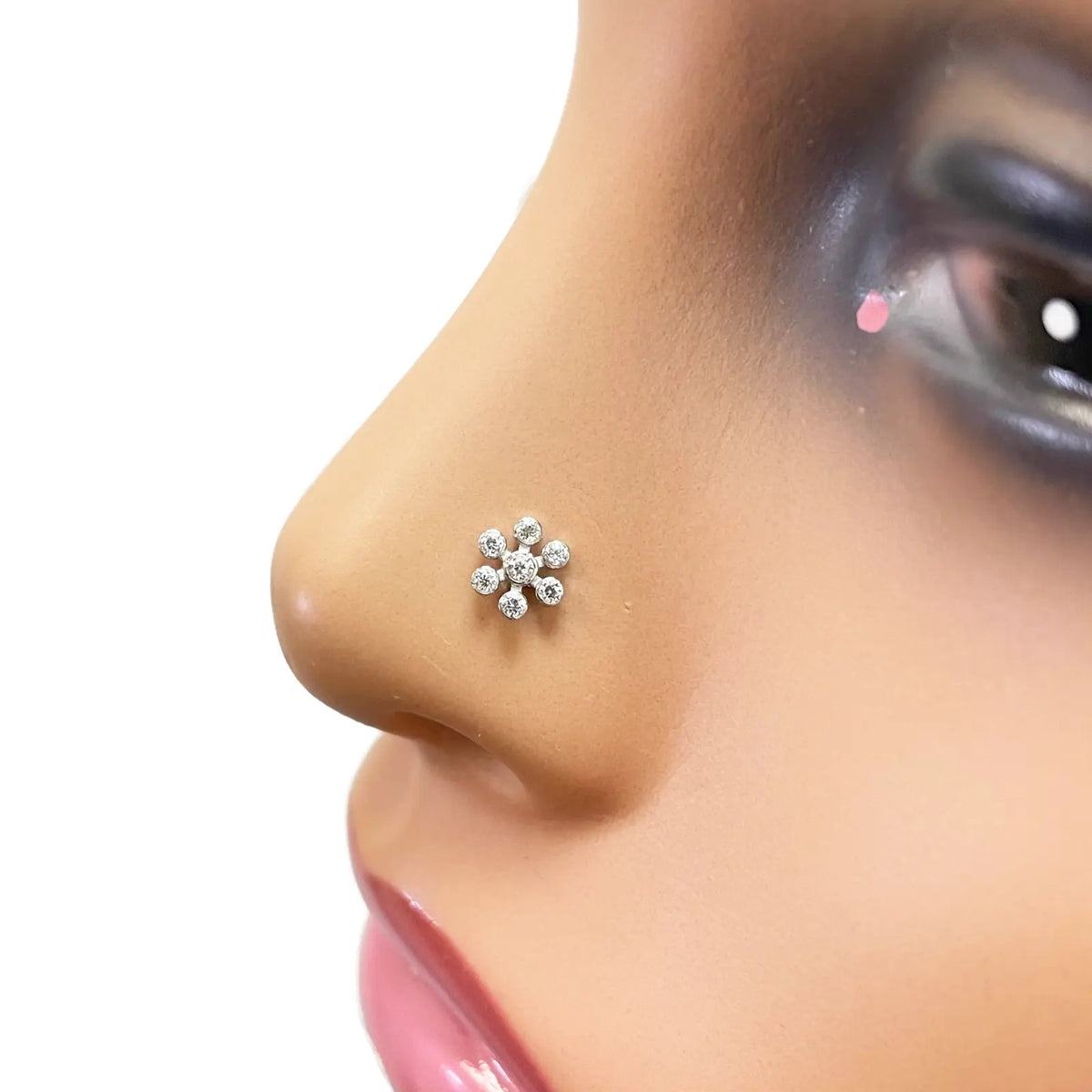 18ct White Gold Six Petal Flower Cubic Zirconia Bezel Nose Stud/Pin 5.4mm Length 