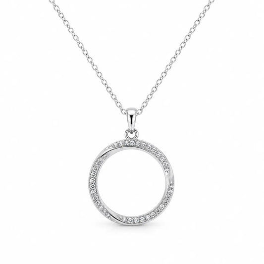 18ct White Gold Twisted Circle Diamond Pendant &Chain 16  Diamond Necklace