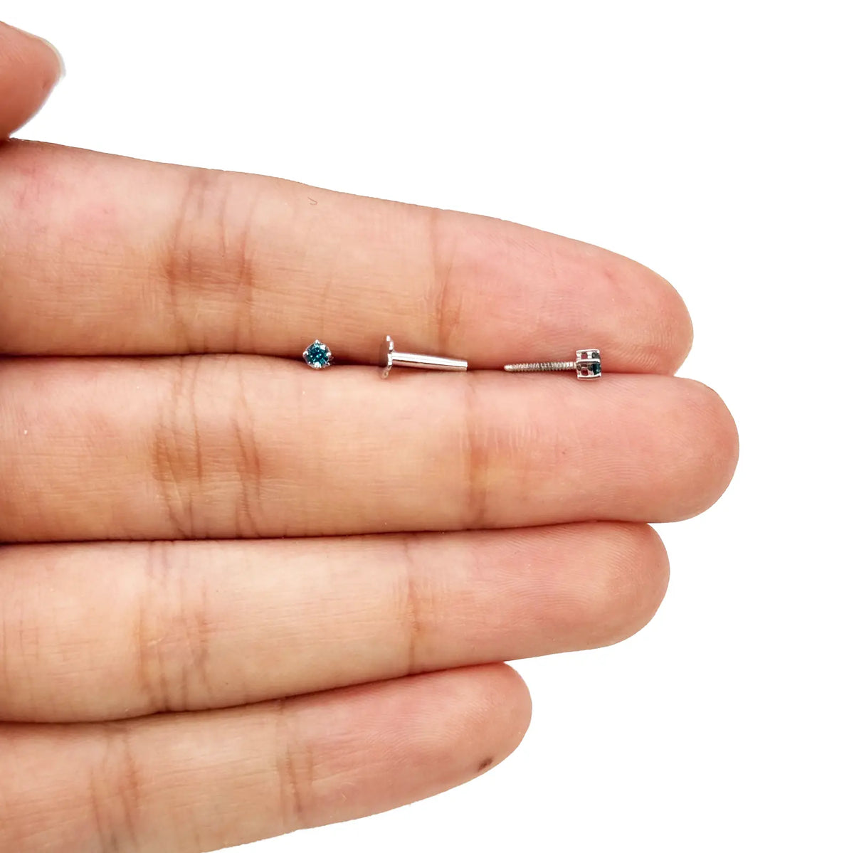 18ct White Gold & Natural Round 4-Claw Blue Diamond Children's Earrings 0.05ct 