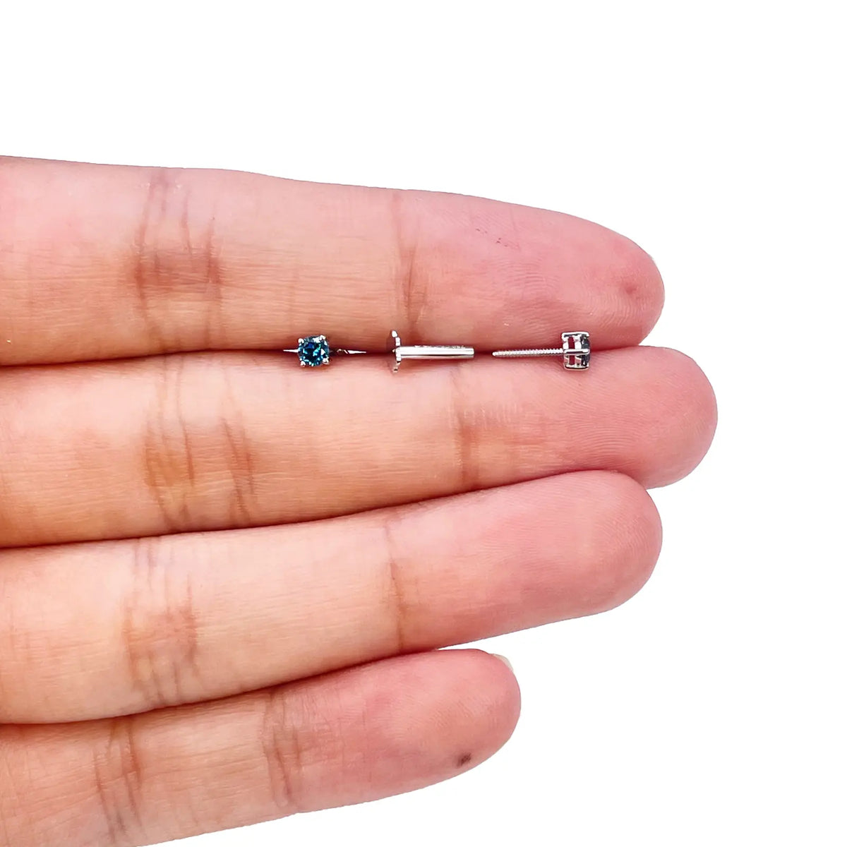 18ct White Gold & Natural Round 4-Claw Blue Diamond Children's Earrings 0.15ct 