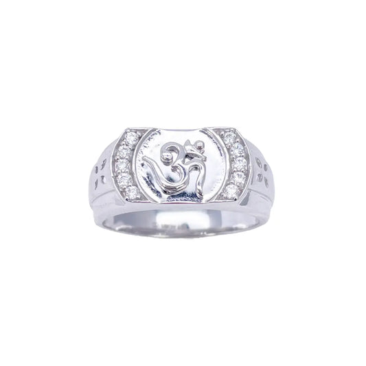 18ct White Gold & Round Cubic Zirconia Gents OM Signet Ring 