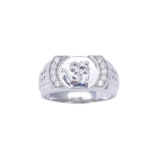 18ct White Gold & Round Cubic Zirconia Gents OM Signet Ring 